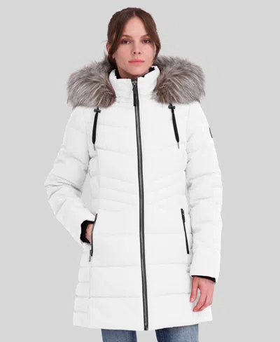 Nautica Women's Faux Fur Trim Hooded Puffer Coat In White