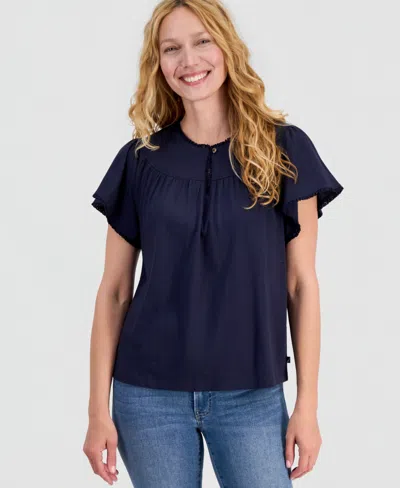 Nautica Women's Flutter-sleeve Crewneck Tee In Blue
