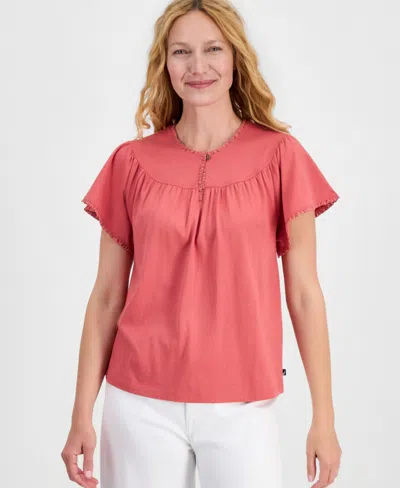 Nautica Women's Flutter-sleeve Crewneck Tee In Red