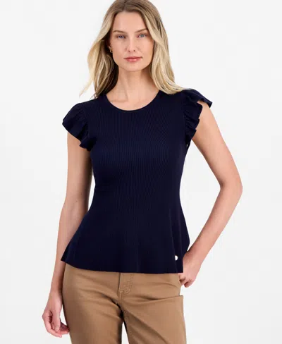 Nautica Women's Flutter-sleeve Ribbed Sweater In Night Sky
