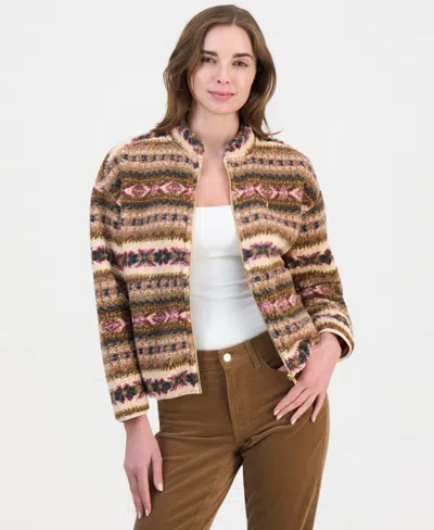 Nautica Women's Full-zip Fair Isle Sherpa Fleece Jacket In Brown