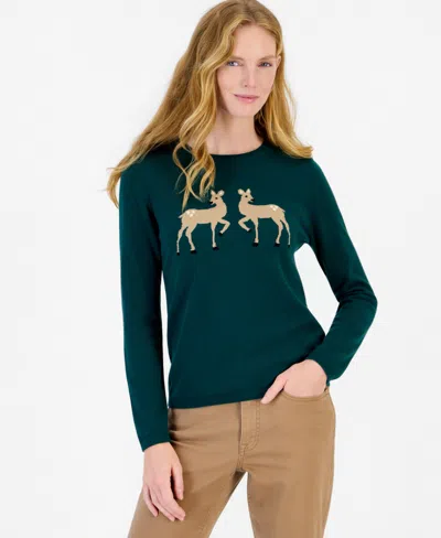 Nautica Women's Holiday Reindeer Long-sleeve Sweater In Green