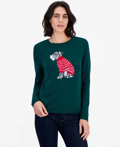 Nautica Women's Intarsia Dog Cotton Crewneck Sweater In Green