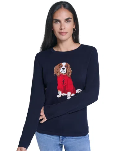 Nautica Women's Intarsia Dog Long-sleeve Crewneck Sweater In Blue