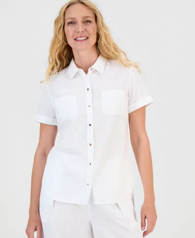 Nautica Women's Linen-blend Short-sleeve Point-collar Camp Shirt In Bright White