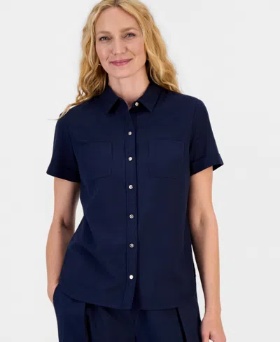 Nautica Women's Linen-blend Short-sleeve Point-collar Camp Shirt In Night Sky
