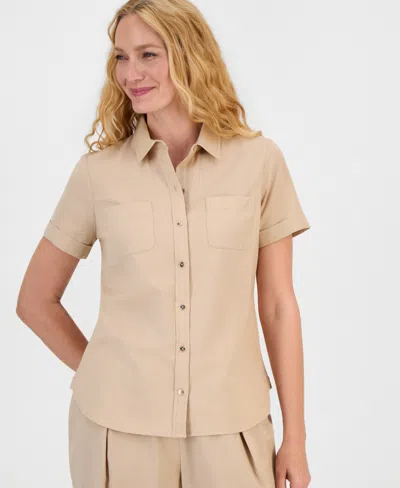 Nautica Women's Linen-blend Short-sleeve Point-collar Camp Shirt In Sand
