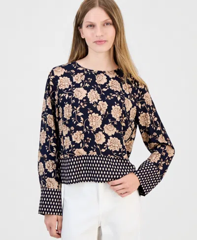 Nautica Women's Long-sleeve Border-print Blouse In Multi