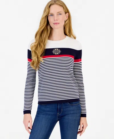 Nautica Women's Long-sleeve Crewneck Striped Snowflake Holiday Sweater In Multi