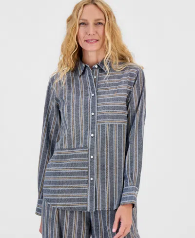 Nautica Women's Long-sleeve Linen-blend Striped Shirt In Night Sky Multi