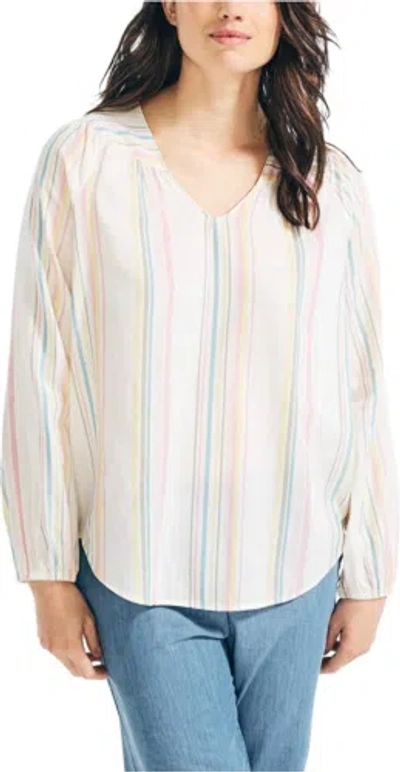 Pre-owned Nautica Women's Lurex Stripe Woven Shirt In Marshmallow