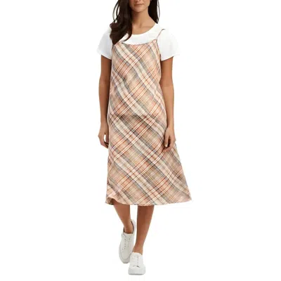 Nautica Women's  Jeans Midi Dress Brown Plaid Layered Spaghetti Strap Fts1495 In Multi