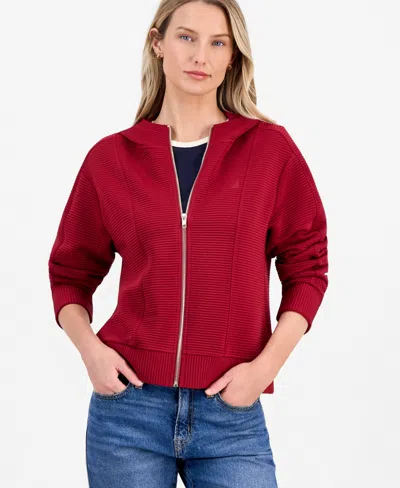 Nautica Women's Ottoman-stitched Zippered Hoodie In Crimson