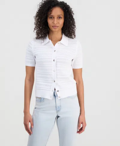 Nautica Women's Pointelle Knit Cardigan Polo Sweater In White
