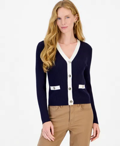Nautica Women's Ribbed Tipped V-neck Cardigan In Blue