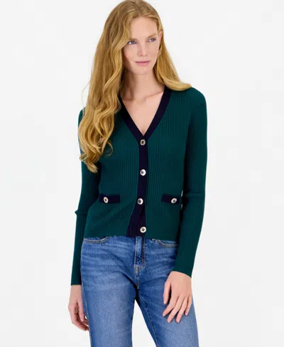 Nautica Women's Ribbed Tipped V-neck Cardigan In Green