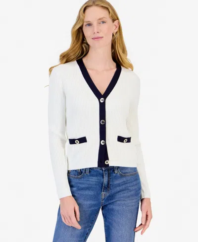 Nautica Women's Ribbed Tipped V-neck Cardigan In White