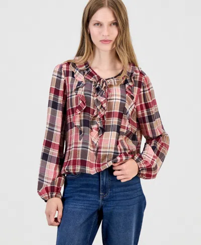 Nautica Women's Ruffled Long-sleeve Plaid Blouse In Bridal Rose Multi