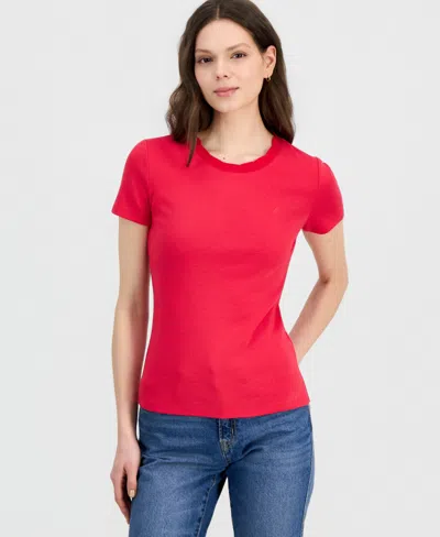Nautica Women's Scallop-trim Cotton Short-sleeve T-shirt In Red