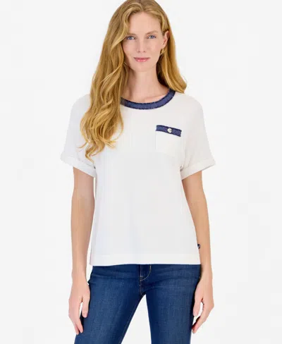 Nautica Women's Short-sleeve Crewneck Denim Trim Sweater In Bright White