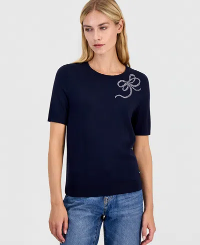 Nautica Women's Short-sleeve Crewneck Rhinestone-bow Sweater In Black
