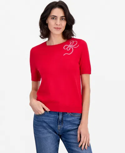 Nautica Women's Short-sleeve Crewneck Rhinestone-bow Sweater In Red