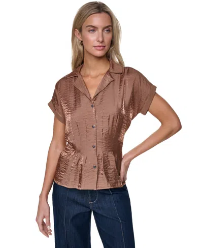 Nautica Women's Short-sleeve Pleated Shirt In Brown