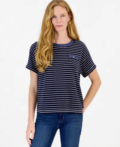Nautica Women's Short-sleeve Striped Denim-trim Cotton-acrylic Blend Sweater In Night Sky Multi