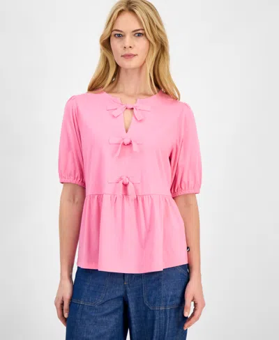 Nautica Women's Solid Bow Peplum Top In Pink