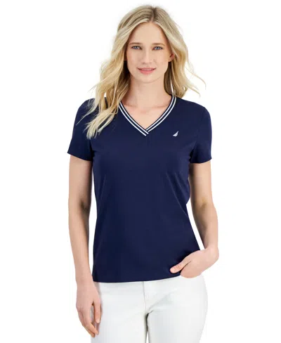 Nautica Women's Solid Stripe-trim V-neck In Blue