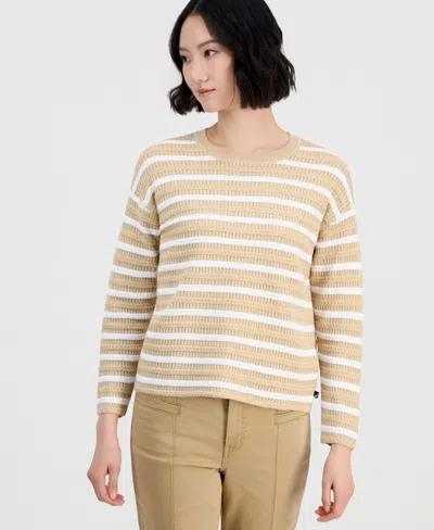 Nautica Women's Striped Braided Pointelle Sweater In Irish Cream,bright White