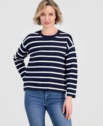 Nautica Women's Striped Braided Pointelle Sweater In Night Sky,bright White