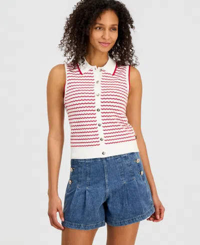Nautica Women's Striped Sleeveless Pointelle Polo Sweater In Multi