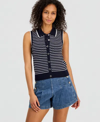 Nautica Women's Striped Sleeveless Pointelle Polo Sweater In Multi