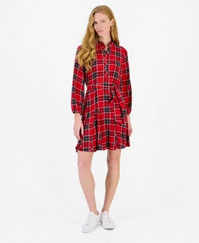 Nautica Women's Tartan-print Fit-and-flare Shirtdress In Red