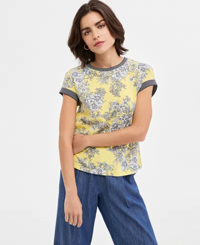 Nautica Women's Toile Contrast-trim Short-sleeve Top In Yellow
