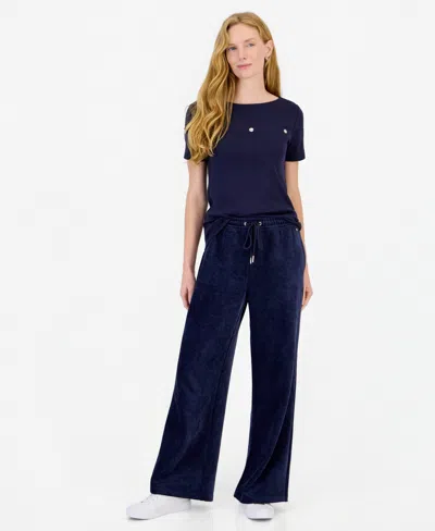 Nautica Women's Twill Double Rib High-rise Wide-leg Drawstring Pants In Blue