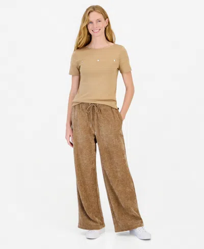 Nautica Women's Twill Double Rib High-rise Wide-leg Drawstring Pants In Brown
