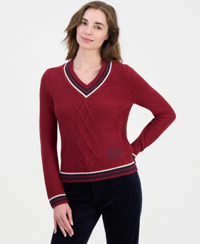 Nautica Women's V-neck Varsity Tipped Sweater In Red