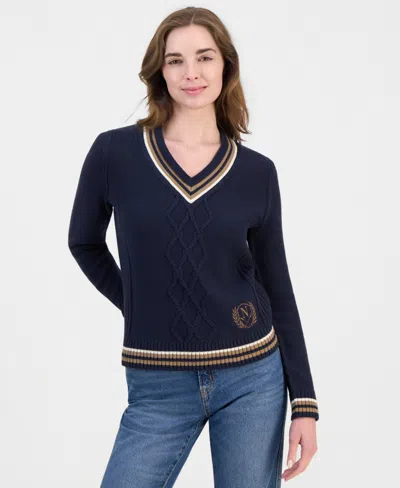 Nautica Women's V-neck Varsity Tipped Sweater In Blue