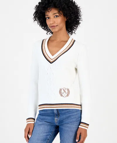 Nautica Women's V-neck Varsity Tipped Sweater In White