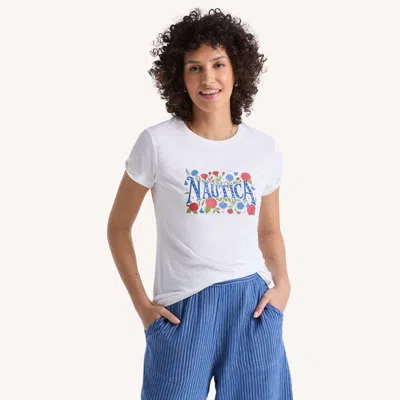 Nautica Womens Americana Floral Studded Graphic T-shirt In White