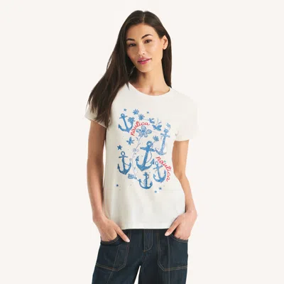Nautica Womens Anchors Graphic T-shirt In White