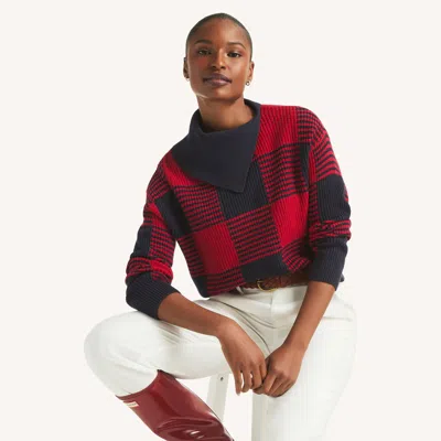 Nautica Womens Buffalo Check Split Turtle-neck Sweater In Red