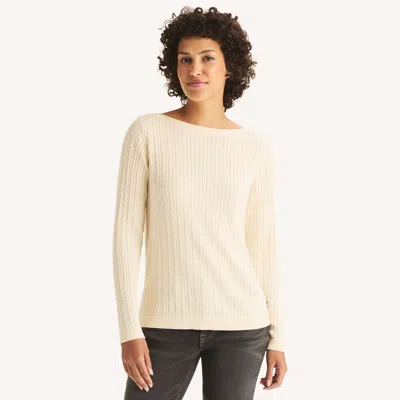 Nautica Womens Cable-knit Boat-neck Sweater In White