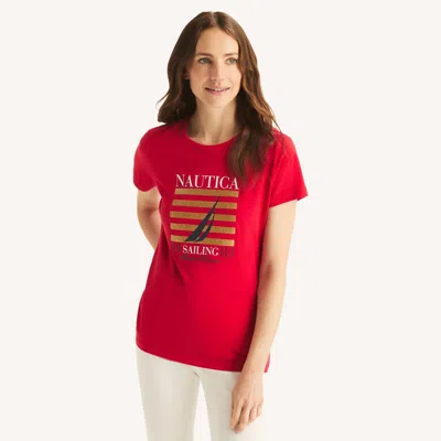 Nautica Womens Classic Glitter Graphic T-shirt In Red