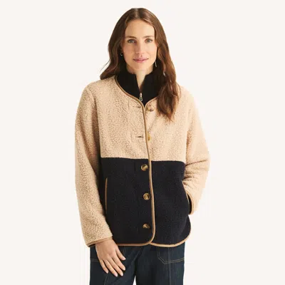 Nautica Womens Colorblock Faux Shearling Jacket In Multi