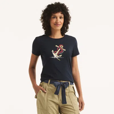 Nautica Womens Crystal Anchor Ringer Graphic T-shirt In Blue