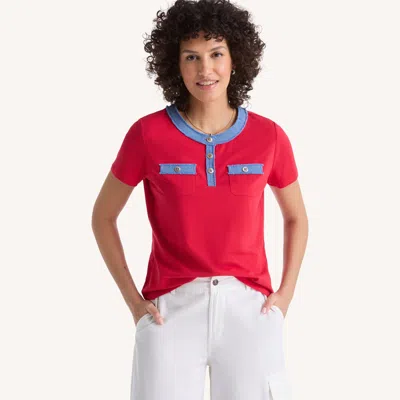 Nautica Womens Denim-trimmed Henley In Red