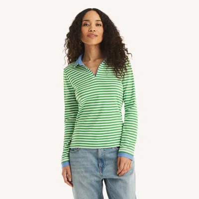 Nautica Womens Double-collar Striped Long-sleeve Shirt In Green